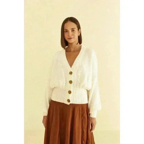 Farm Rio Off-White Bubble Knit Cardigan S Chunky Sweater Brown Buttons Crop NWT - Picture 2 of 8